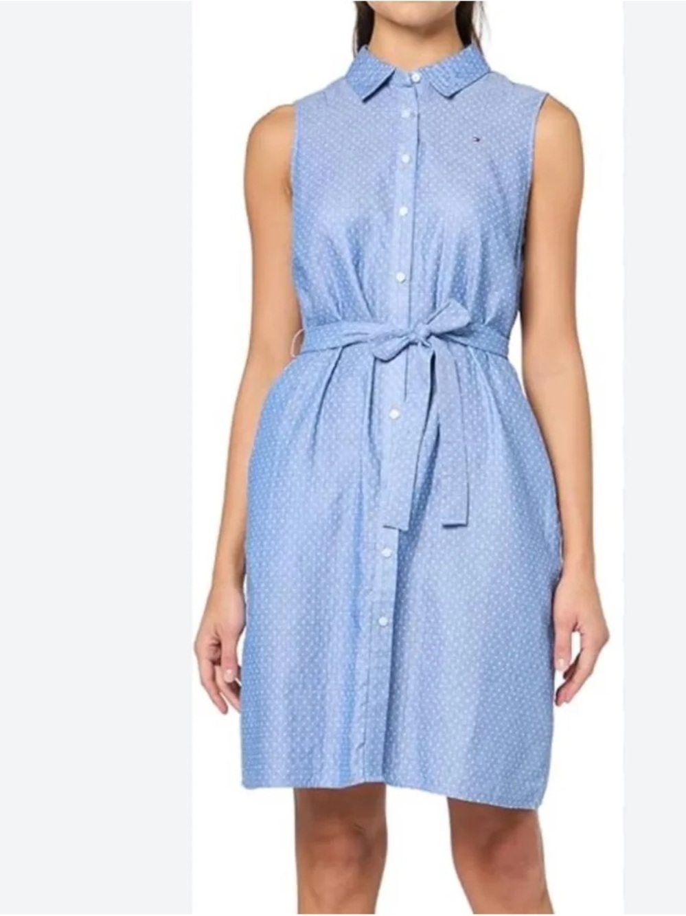 Tommy Hilfiger Sleeveless Swiss Dot Blue Dress with Tie Waist